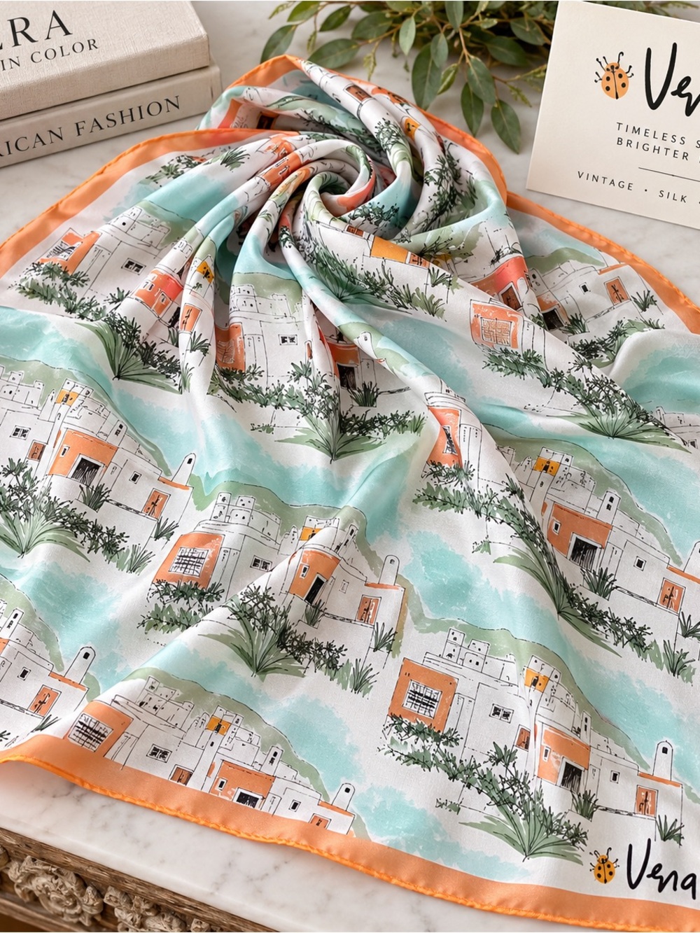 Vintage Vera Neumann Silk Scarf 29x29 Hand Rolled Made Japan Village Print